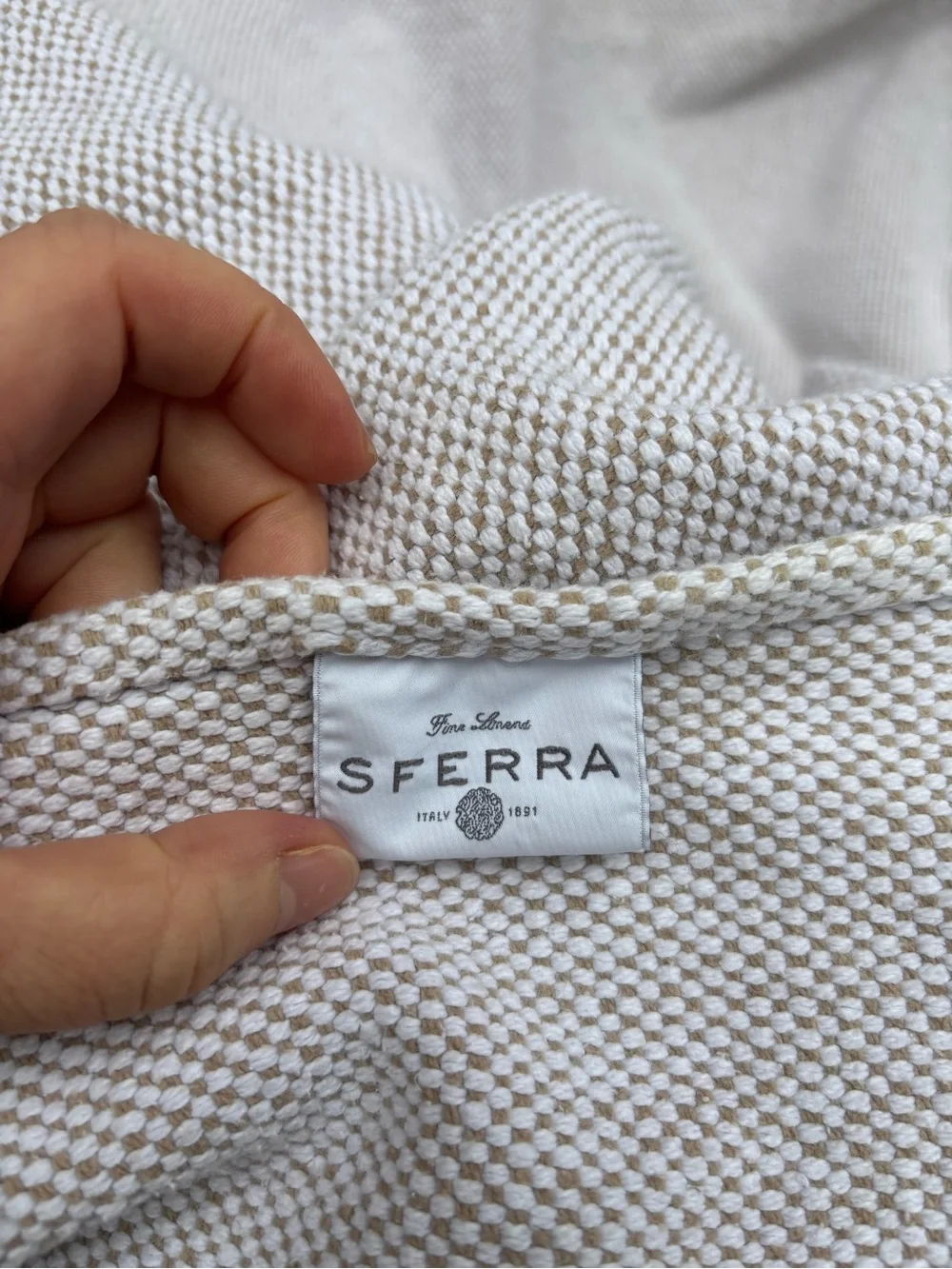 SFERRA Luxury 100% Cotton Textured Throw 50x60 Made in Portugal Neutral Fringe